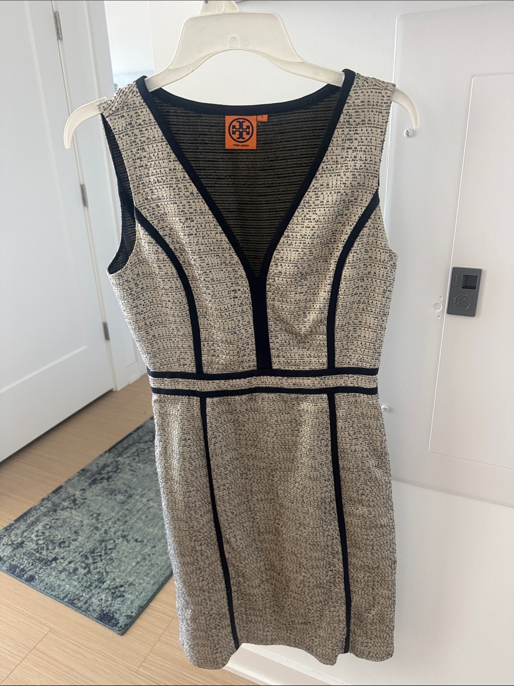 Tory Burch Cream Tweed Sheath Dress with Black Trim